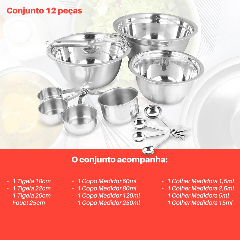 Conjunto 12pçs Bowl Tigela Aço Inox Escovado Saladeira Bacia