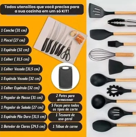 Kit Luxo de Utensílios de Cozinha Com Tábua de Silicone, Espátulas, Facas  & Tesoura - Kit com 19 Peças