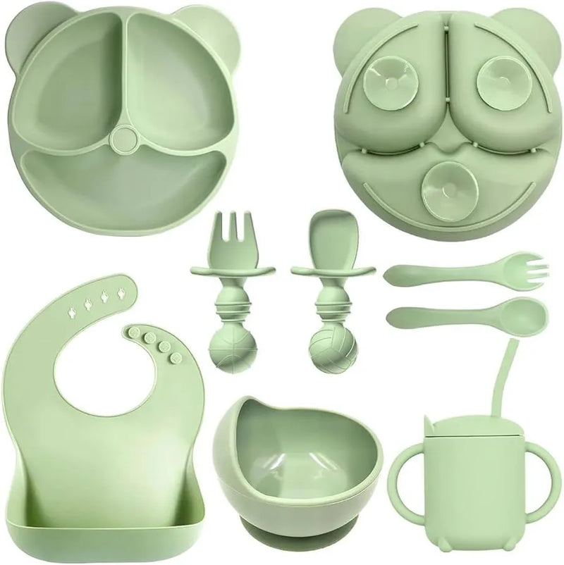 Conjunto Kit de Alimentação para Bebês de Silicone 8 Peças Prato Babador Copo Tigela Talheres Bebê Criança