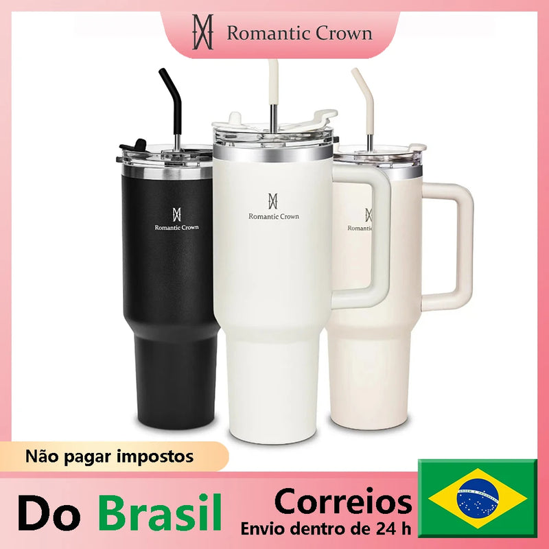 Copo térmico de aço inoxidável 304 da Romantic Crown com canudo, copo térmico a vácuo, garrafa térmica de água, caneca de 40 onças