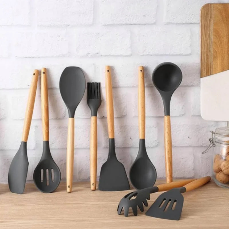 Kit de utensílios de cozinha de madeira, conjunto de silicone para culinária, não derrete