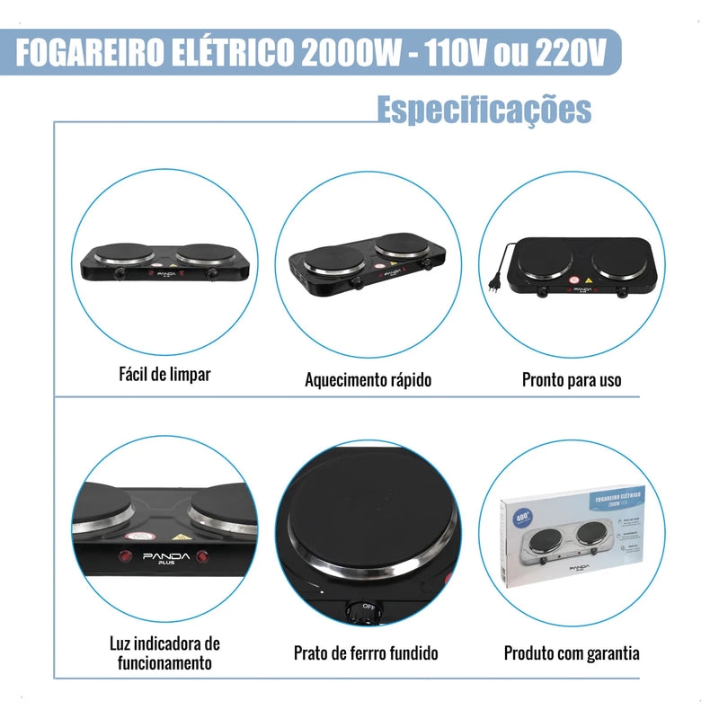 Fogão Elétrico Portátil de 2 Bocas com 2000W de Potência Cada, Design Moderno em Inox, Controles Independentes