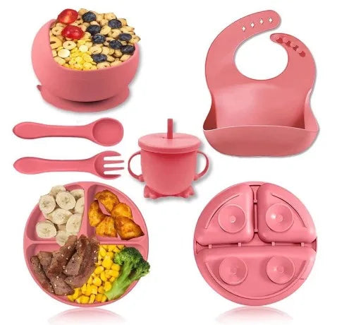 Conjunto Kit de Alimentação para Bebês de Silicone 8 Peças Prato Babador Copo Tigela Talheres Bebê Criança