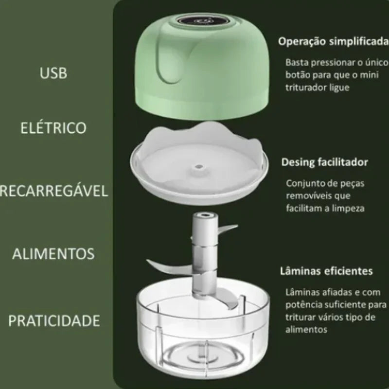 Mini Processador Elétrico de Alimentos Portátil com 3 lâminas de aço inox 250 ml Bivolt USB