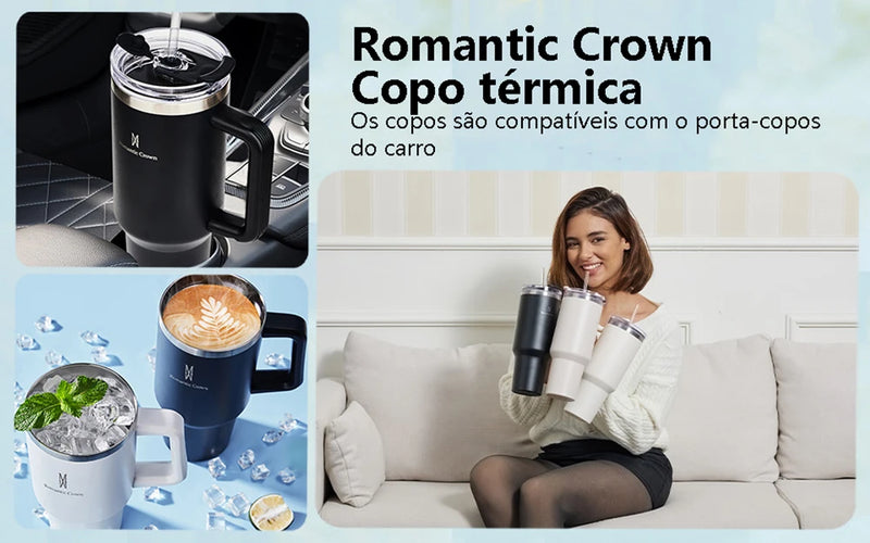 Copo térmico de aço inoxidável 304 da Romantic Crown com canudo, copo térmico a vácuo, garrafa térmica de água, caneca de 40 onças