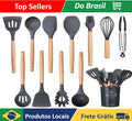 Kit Utensílios de Cozinha em Silicone e Cabo de Madeira - 12 pcs