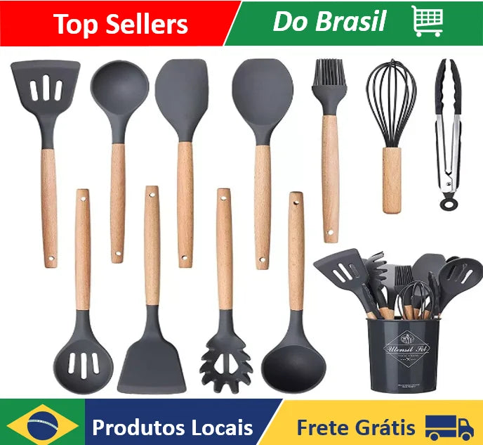 Kit Utensílios de Cozinha em Silicone e Cabo de Madeira - 12 pcs