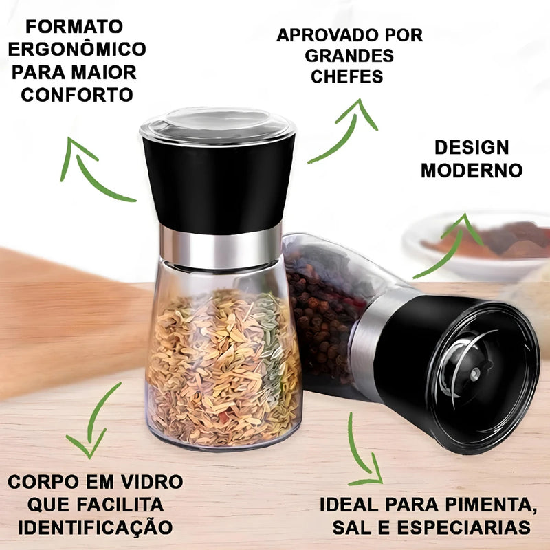 Moedor/Triturador de Temperos, Sal, Pimenta E Especiarias em Vidro e Inox - Kit 2