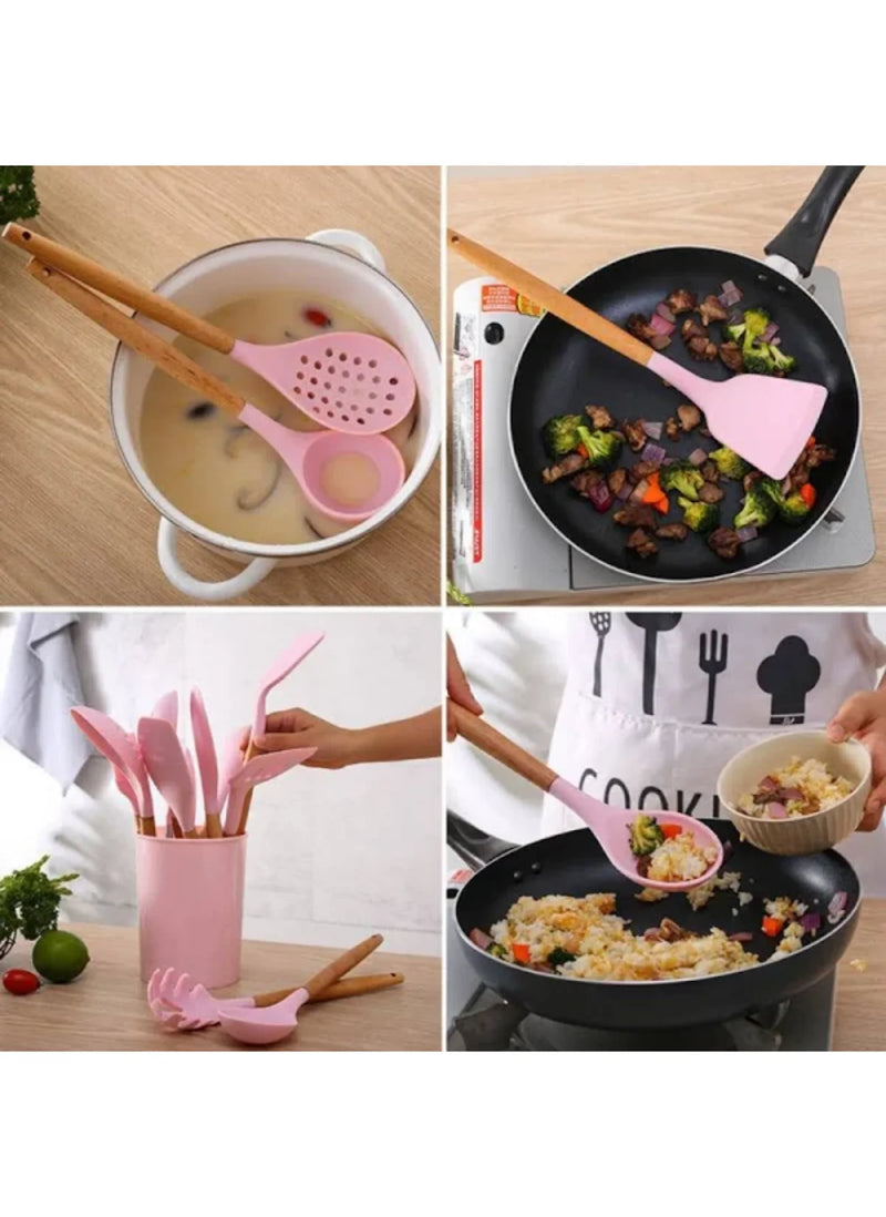 Kit de utensílios de cozinha de madeira, conjunto de silicone para culinária, não derrete