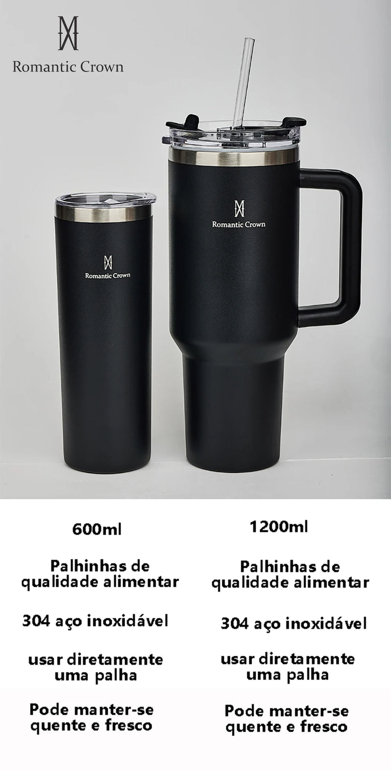 Copo térmico de aço inoxidável 304 da Romantic Crown com canudo, copo térmico a vácuo, garrafa térmica de água, caneca de 40 onças