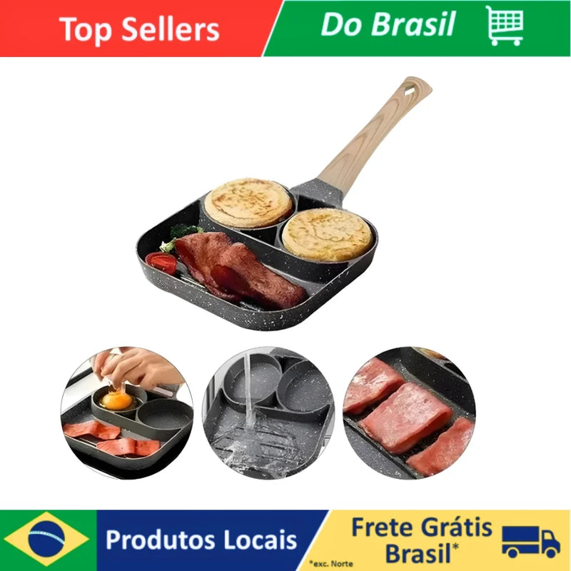 Frigideira Antiaderente Multiuso Com 3 Divisórias para Fritar Ovo, Bacon, Carne, Frango e Lanche.