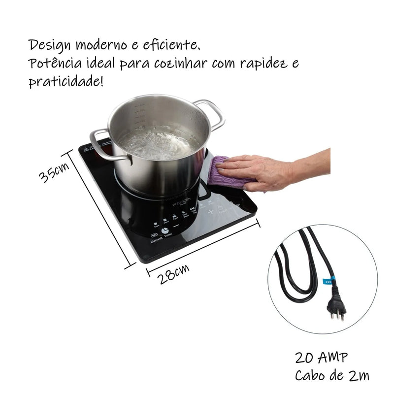 Cooktop de Indução Panda Plus Cheff Gourmet - 1 Boca 2000W, Preto Bivolt, Portátil e Compacto, com Controle de Temperatura