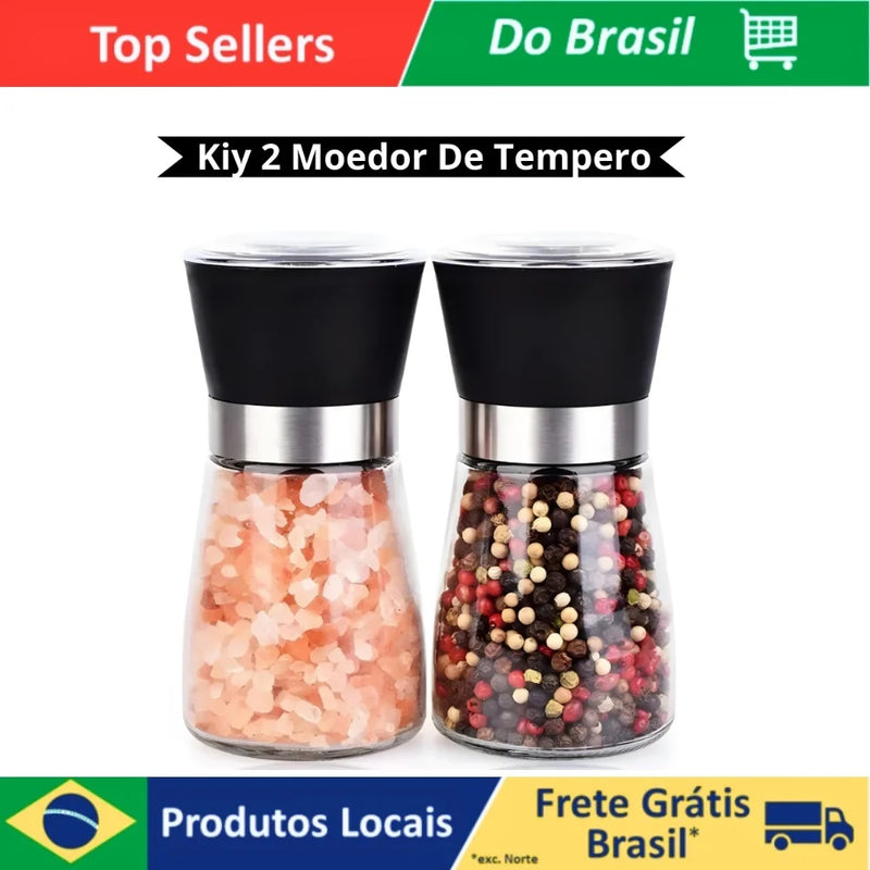 Moedor/Triturador de Temperos, Sal, Pimenta E Especiarias em Vidro e Inox - Kit 2