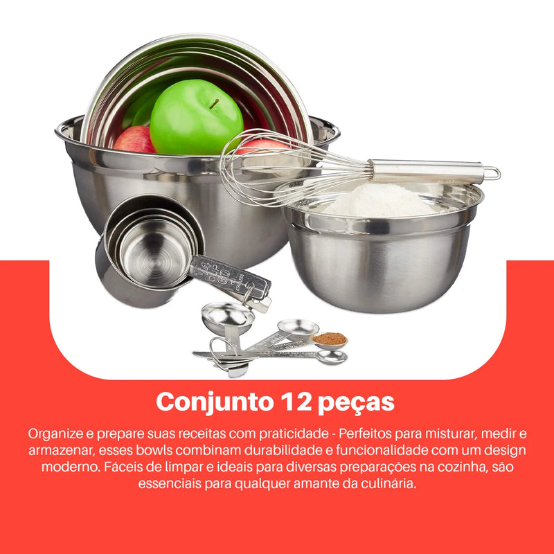 Conjunto 12pçs Bowl Tigela Aço Inox Escovado Saladeira Bacia