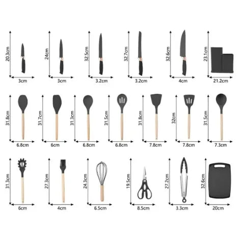 Kit Luxo de Utensílios de Cozinha Com Tábua de Silicone, Espátulas, Facas  & Tesoura - Kit com 19 Peças