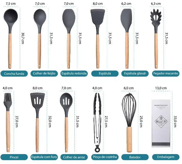 Kit Utensílios de Cozinha em Silicone e Cabo de Madeira - 12 pcs