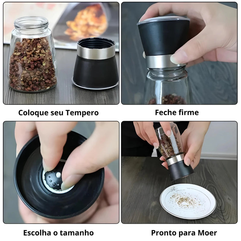 Moedor/Triturador de Temperos, Sal, Pimenta E Especiarias em Vidro e Inox - Kit 2