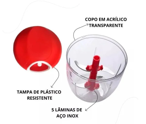 Mini Processador Manual de Alimentos - Grande - 5 Lâminas - 900ml