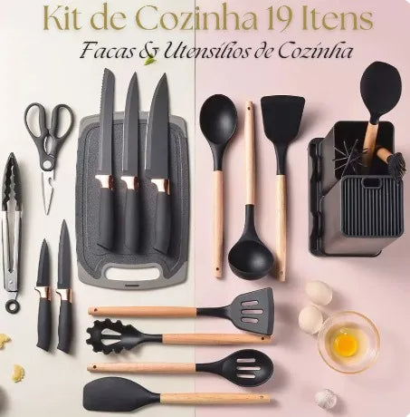 Kit Luxo de Utensílios de Cozinha Com Tábua de Silicone, Espátulas, Facas  & Tesoura - Kit com 19 Peças