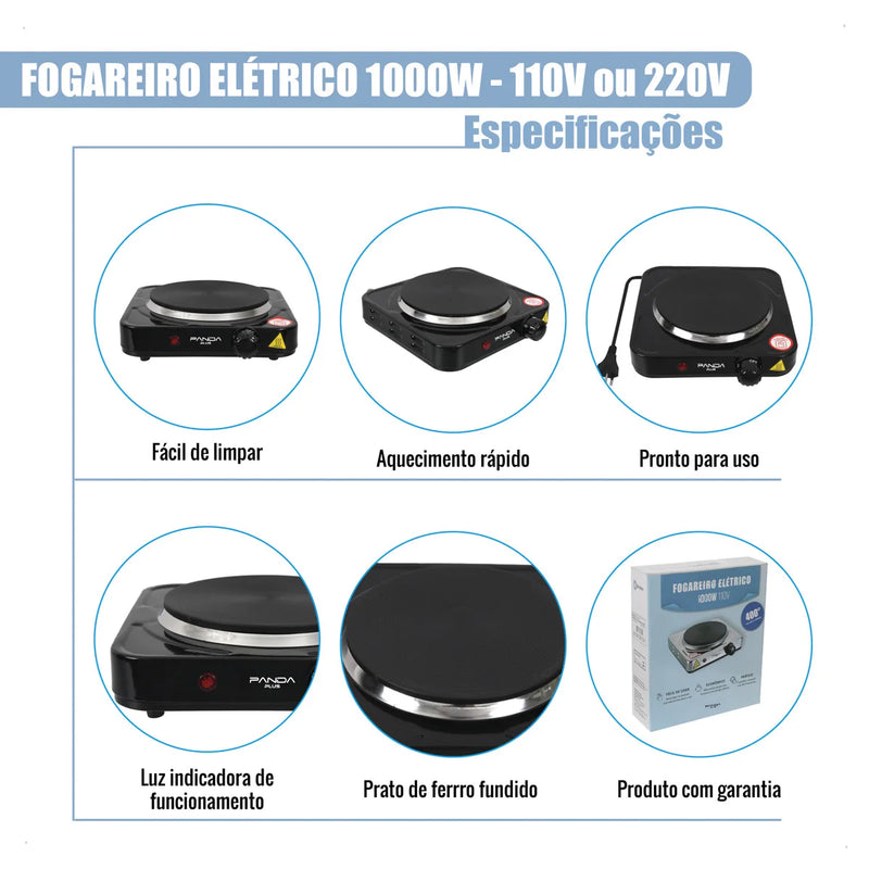 Fogareiro Fogão Elétrico Portátil Cooktop de Mesa 1 Boca Chapa 1000W Preto / Branco