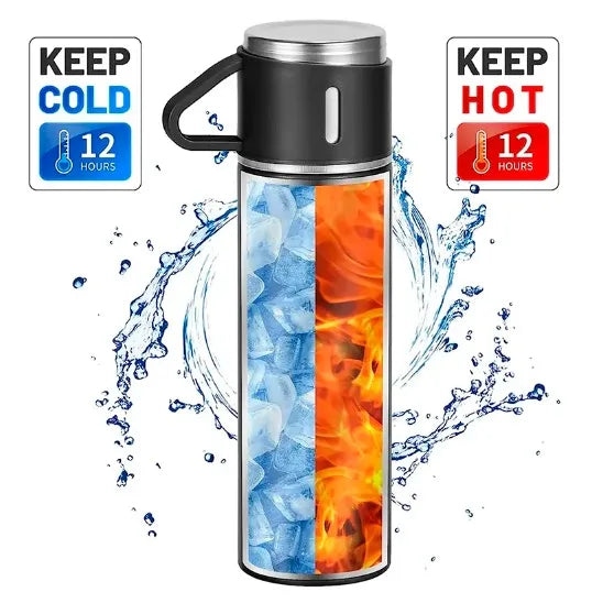 Kit de canecas + Xícaras para Bebidas Fria ou Quente com Garrafa Térmica Vacuum Bottle em Inox 500ml .