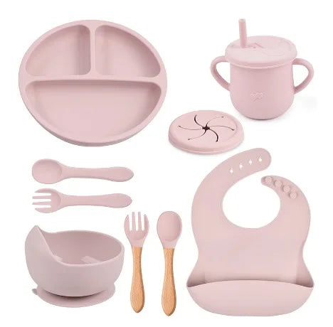 Conjunto Kit de Alimentação para Bebês de Silicone 8 Peças Prato Babador Copo Tigela Talheres Bebê Criança