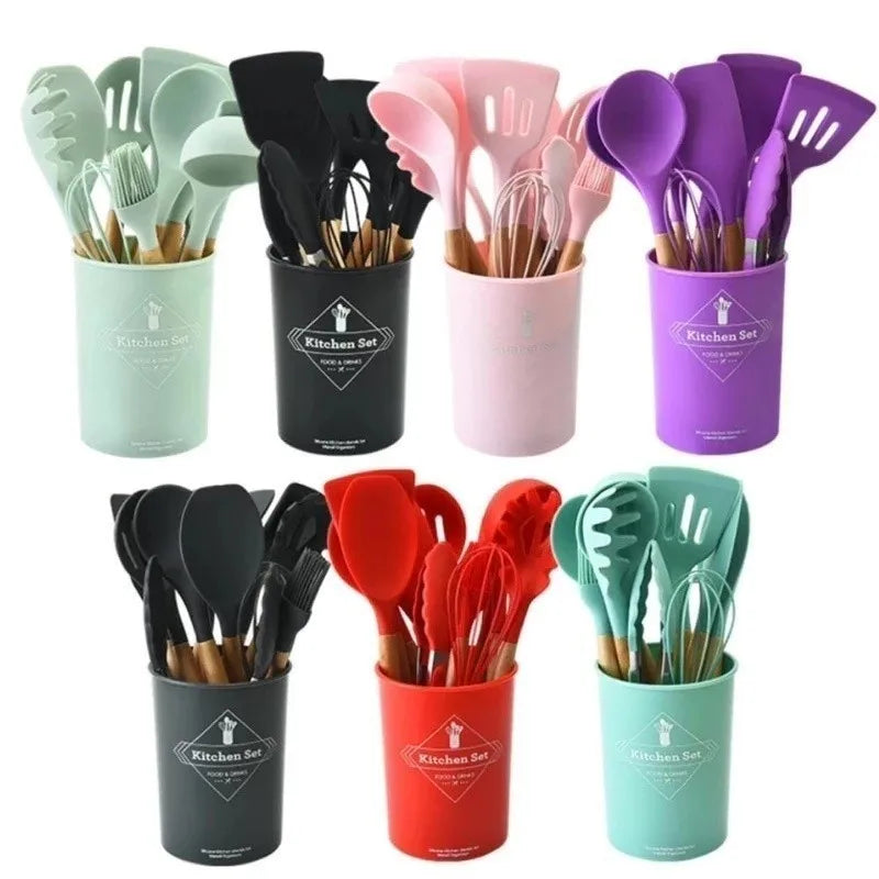 Kit Conjunto Cozinha C/12 Peças Silicone Utensílios Cozinha Cozinha Suporte Su Cabo Madeira