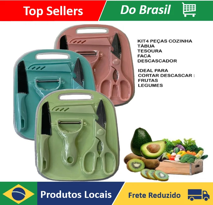 KIT: Facas, Tesoura e Descascador Colorido de Aço Inoxidável + Tábua de Cozinha - 4 PEÇAS