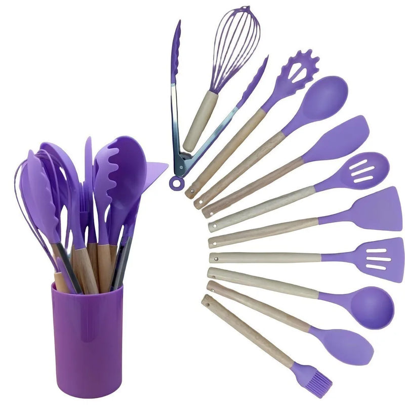 Kit Conjunto Cozinha C/12 Peças Silicone Utensílios Cozinha Cozinha Suporte Su Cabo Madeira