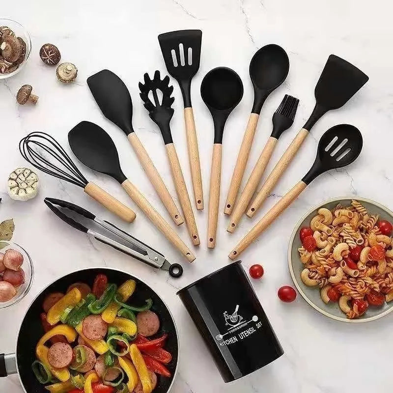 Kit Conjunto Cozinha C/12 Peças Silicone Utensílios Cozinha Cozinha Suporte Su Cabo Madeira