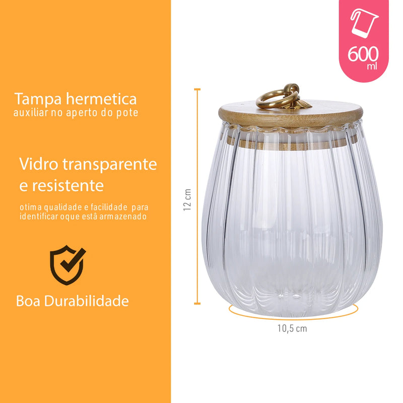 Potes de Vidro P/mercearias C/Tampa Bambu Redondo 600ml-Dolce Home