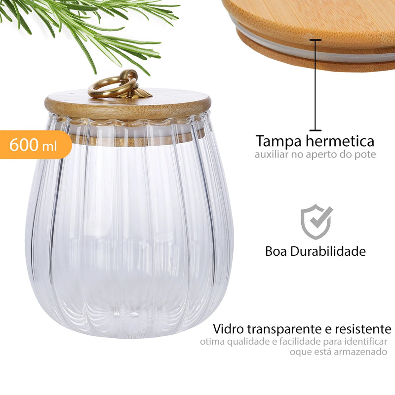 Potes de Vidro P/mercearias C/Tampa Bambu Redondo 600ml-Dolce Home