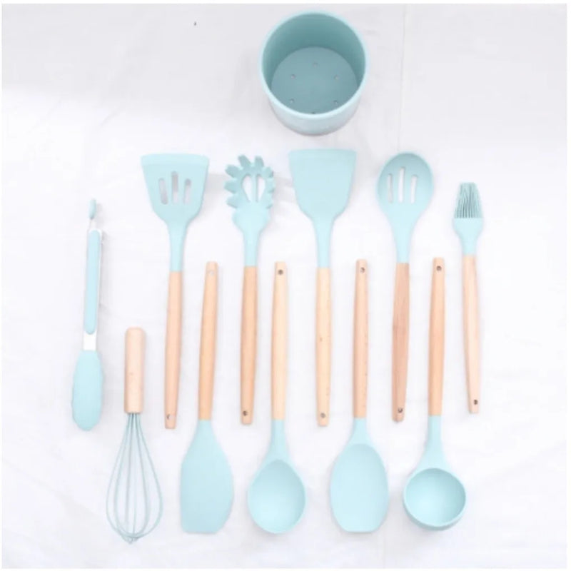 Kit Conjunto Cozinha C/12 Peças Silicone Utensílios Cozinha Cozinha Suporte Su Cabo Madeira