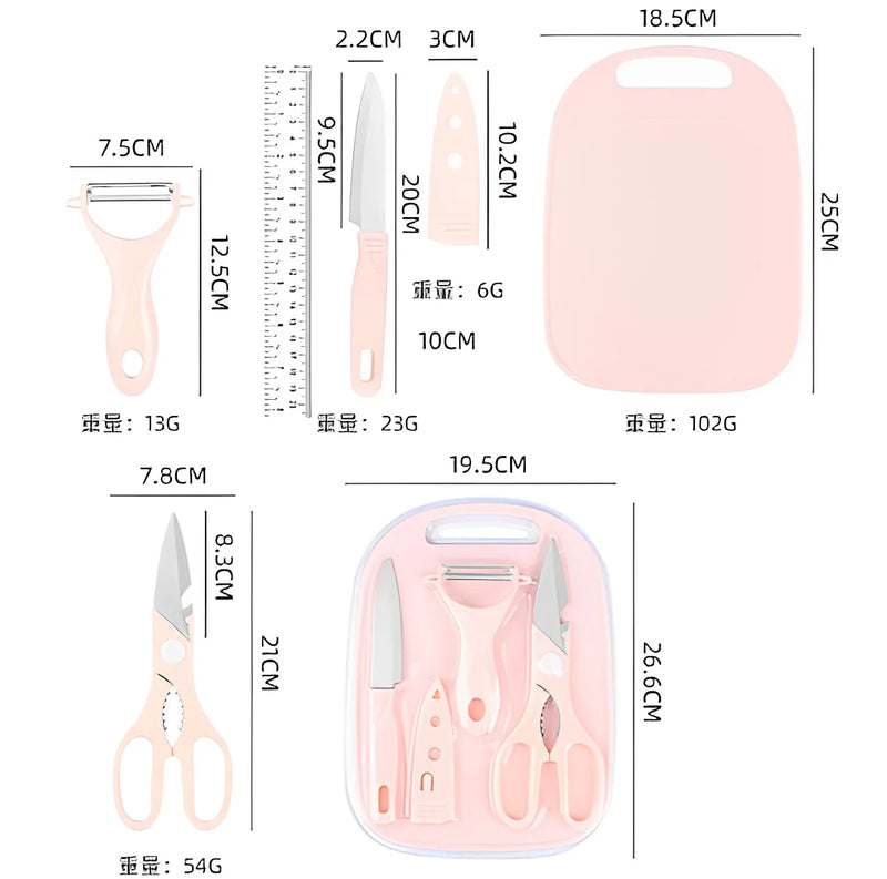 KIT: Facas, Tesoura e Descascador Colorido de Aço Inoxidável + Tábua de Cozinha - 4 PEÇAS