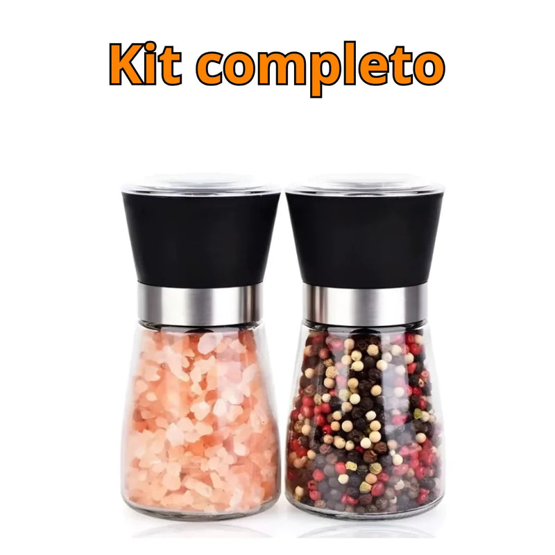 Moedor/Triturador de Temperos, Sal, Pimenta E Especiarias em Vidro e Inox - Kit 2