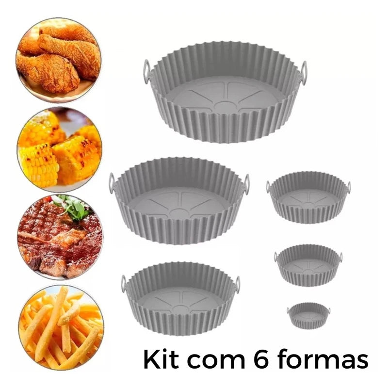 Formas Airfryer com Tamanhos Variados de Silicone Antiaderente para Micro-ondas - Lavável Com Alça -  Kit com 6 formas.