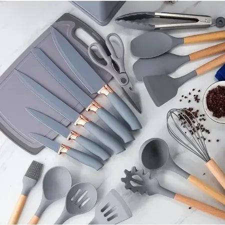 Kit Luxo de Utensílios de Cozinha Com Tábua de Silicone, Espátulas, Facas  & Tesoura - Kit com 19 Peças