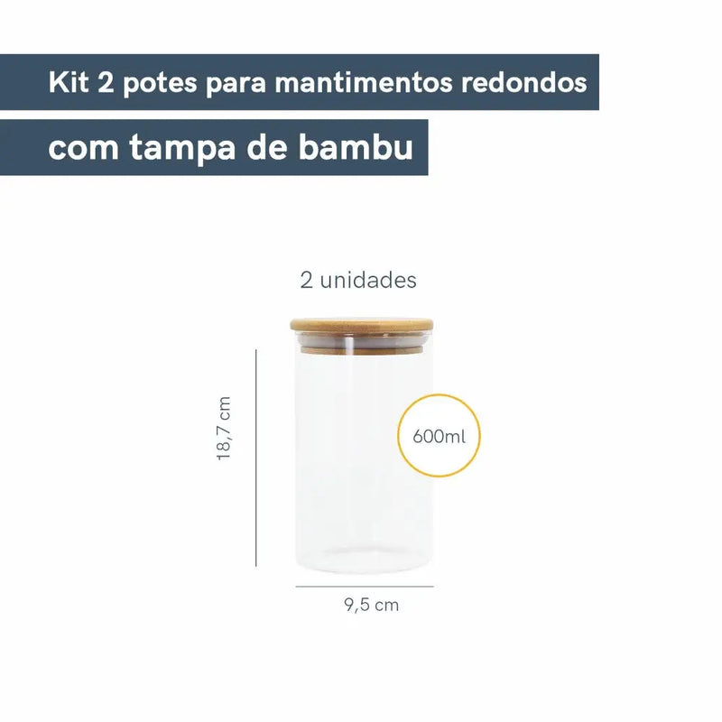 Kit 2 Potes Vidro Hermético C/Tampa Bambu 600ml Oikos