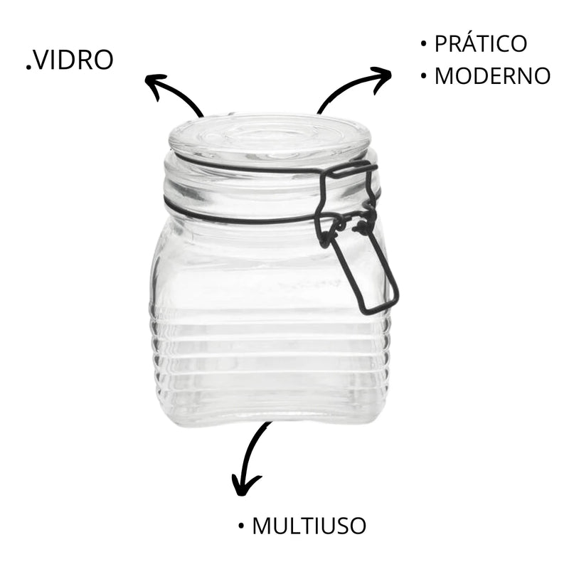 2 Potes Quadrados Vidro Hermético Com Trava Preta 750ml