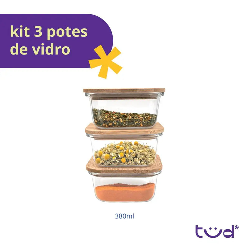 Kit de 3 potes de vidro de 380 ml com tampa quadrada de bambu hermética para Marmite - Tud